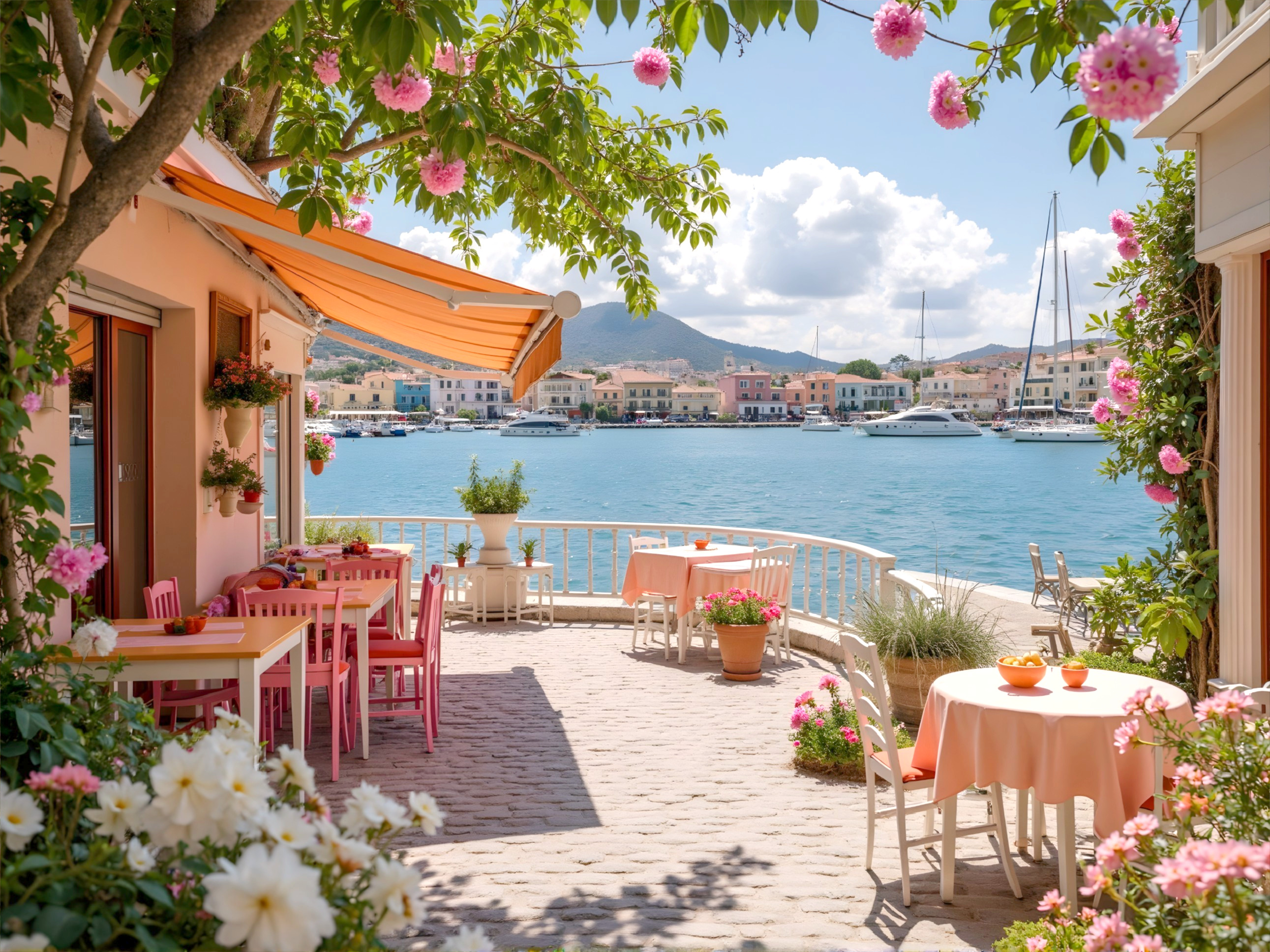 Serene Waterfront Scene with Cozy Tables and Flowers