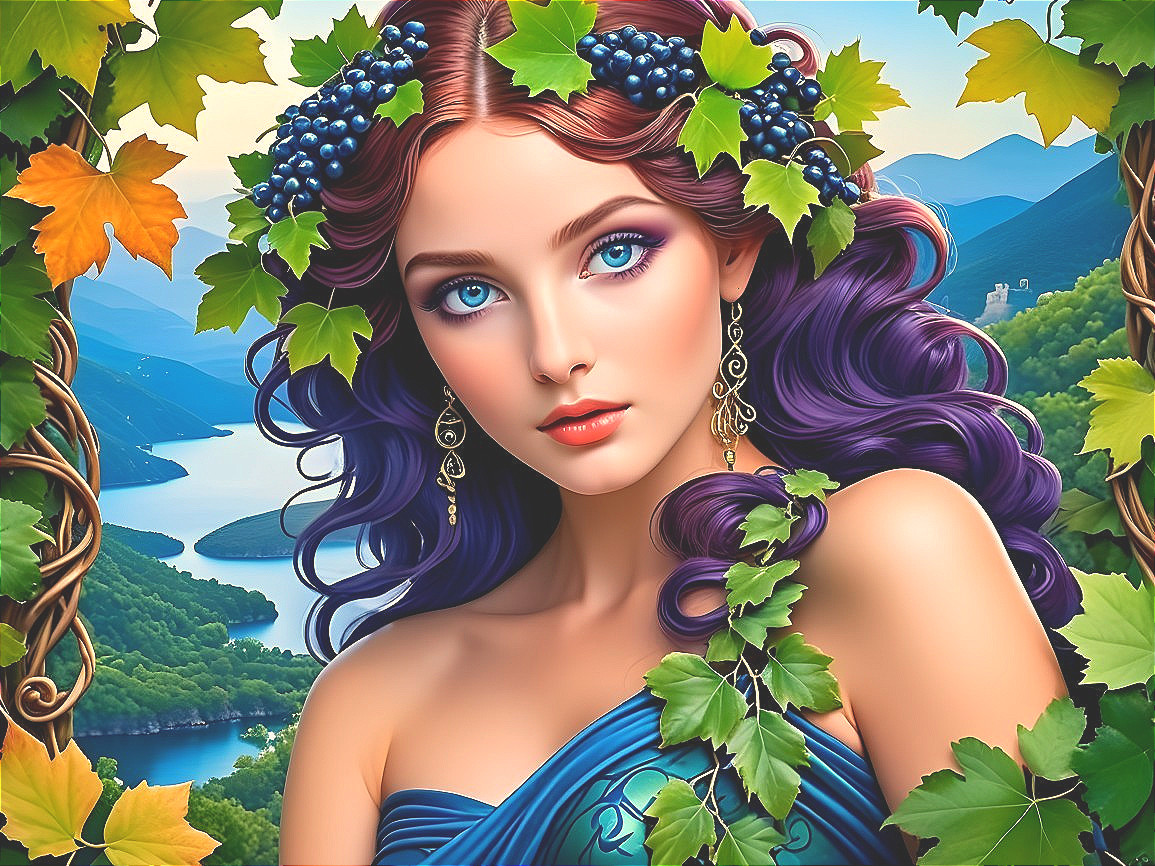 Young woman in nature with vines and grape clusters