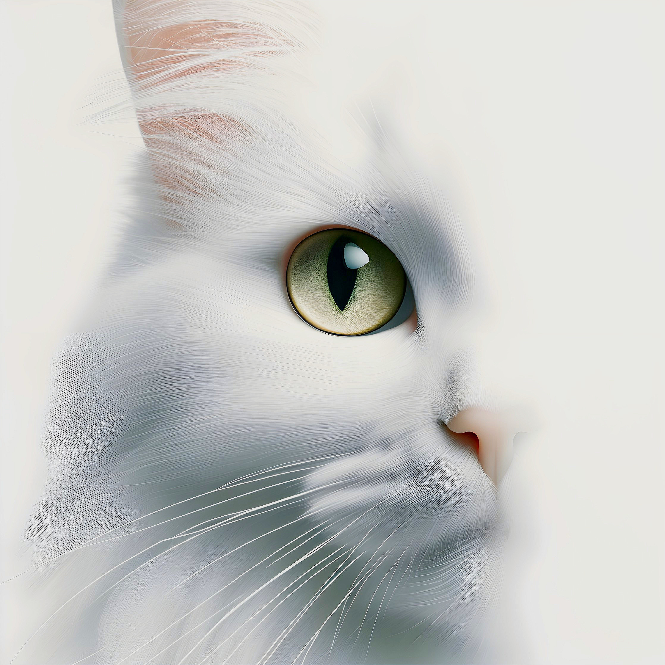 Portrait of a fluffy white cat with green eye and pink nose
