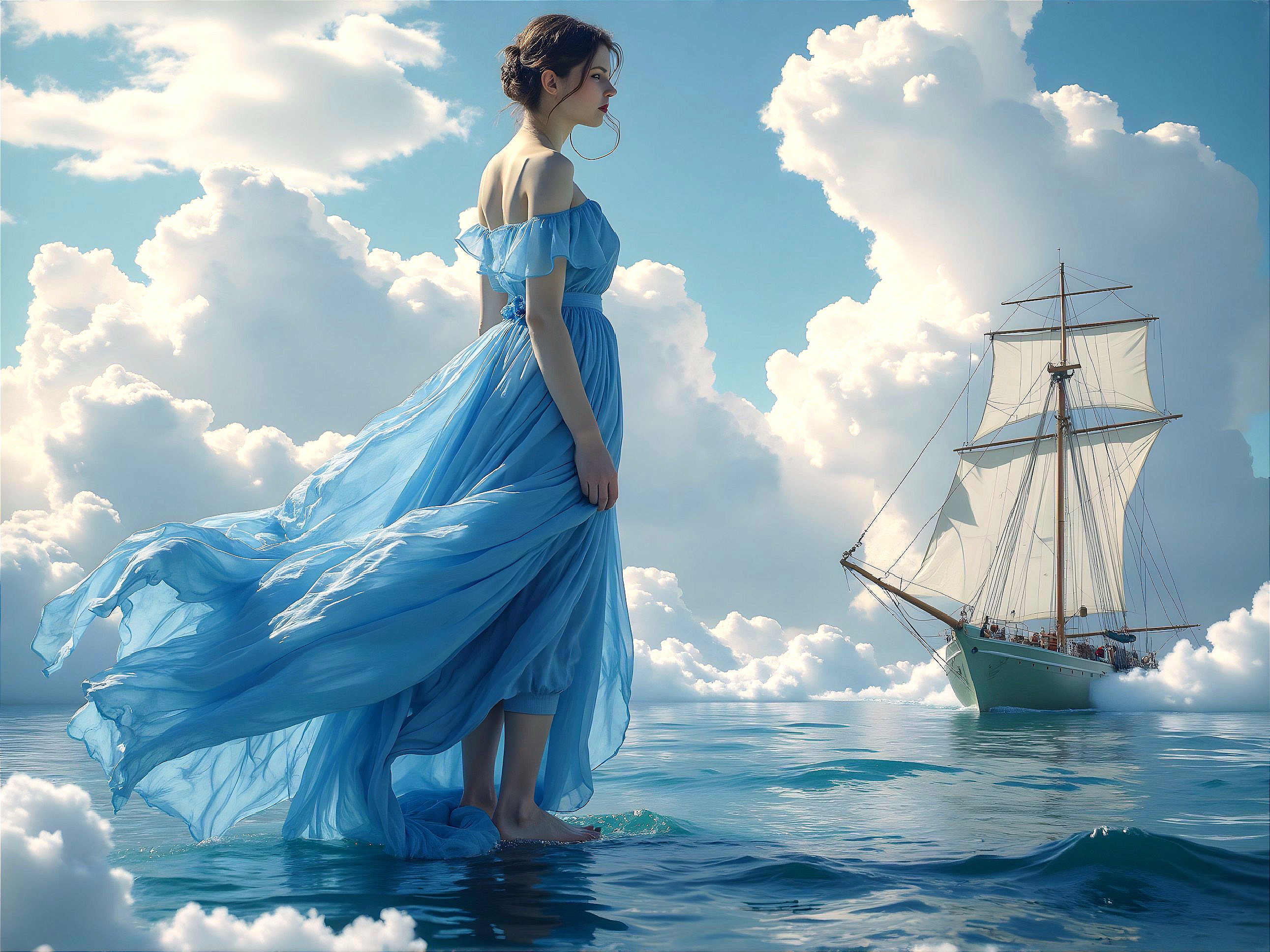 Young woman in blue dress by tranquil water and ship