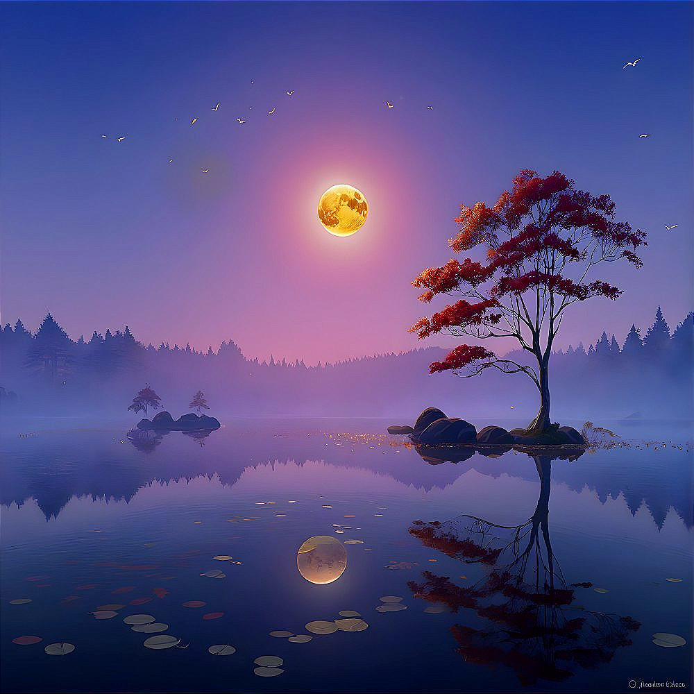 Serene Twilight Lake Scene with Moon and Red Leaves