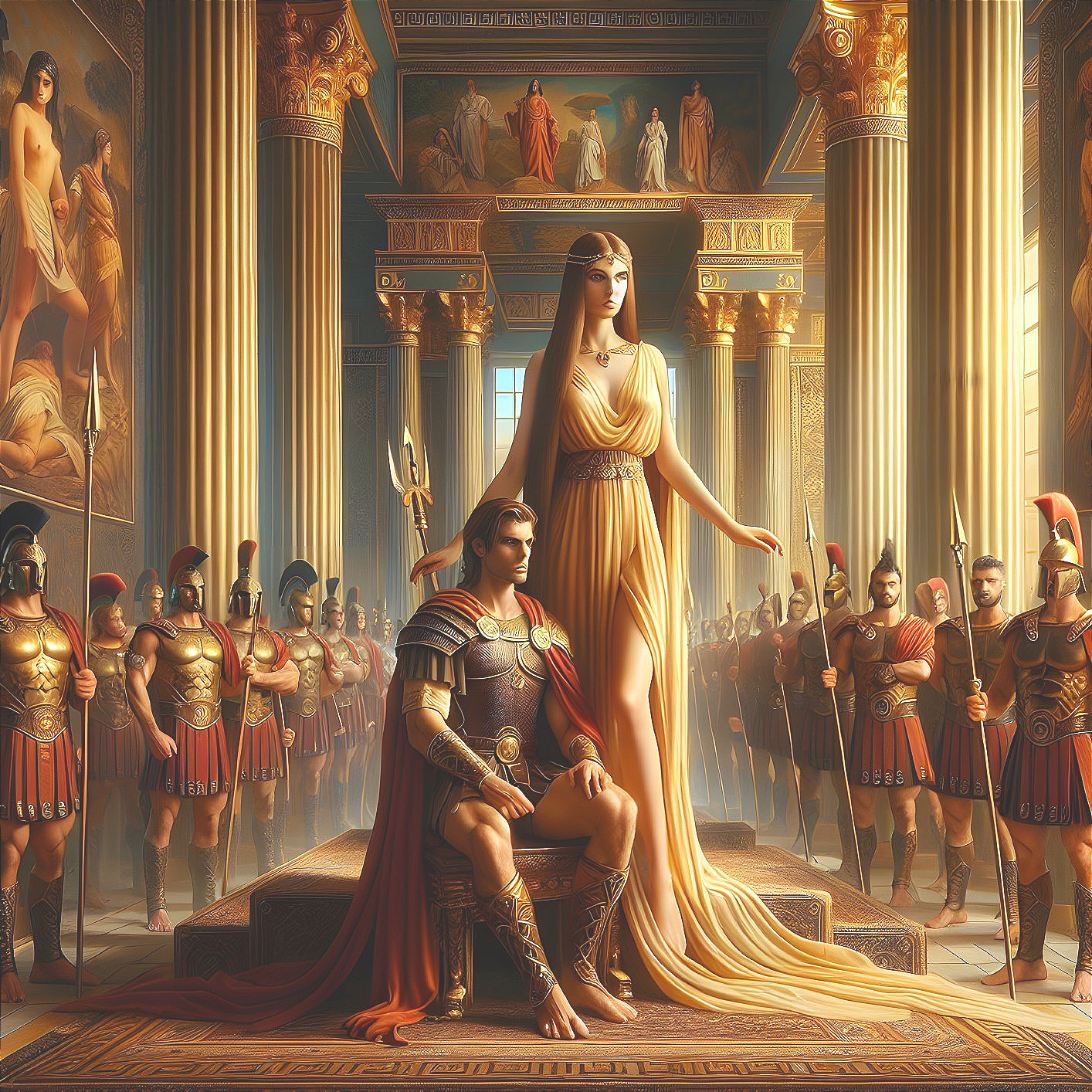 Regal Woman and Warrior in Grand Hall Setting