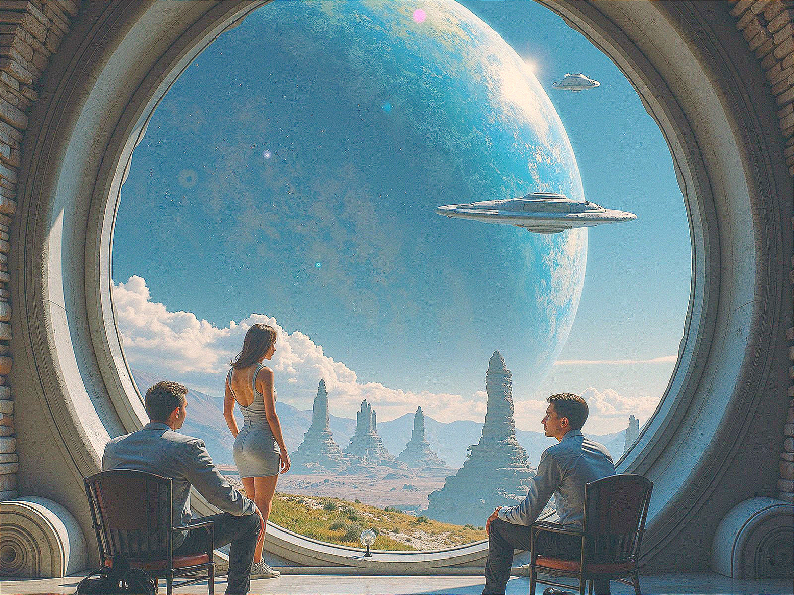 Futuristic Scene with Figures and Alien Landscape