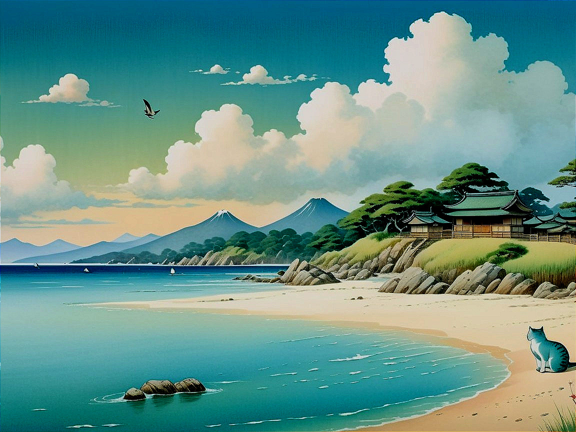 Serene Coastal Scene with Beach and Lush Mountains