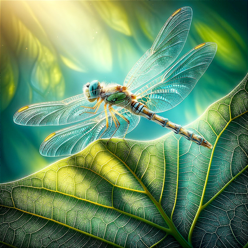 Dragonfly on Green Leaf with Delicate Wings and Light
