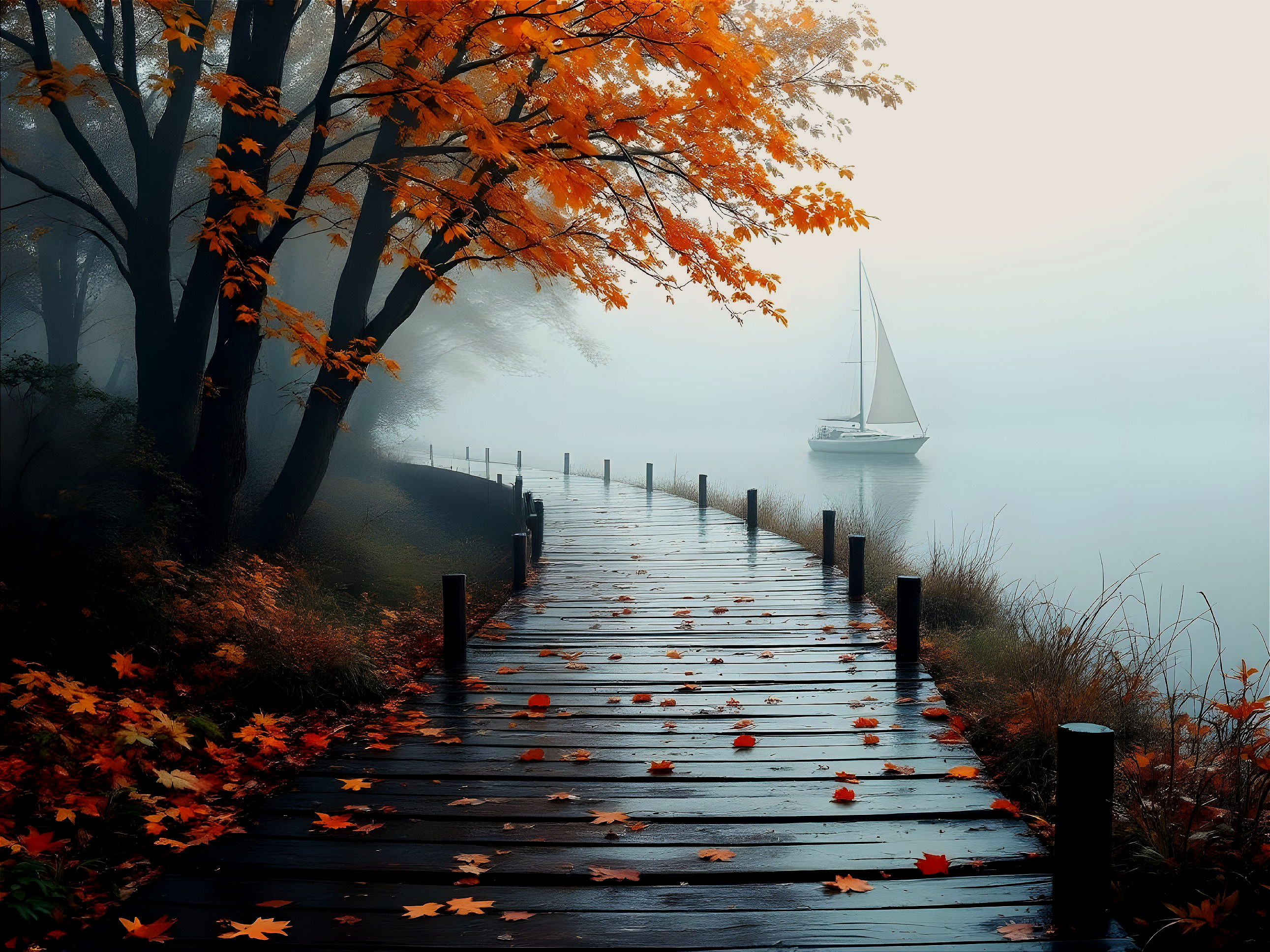 Serene Autumn Pathway by Misty Lake with Sailboat