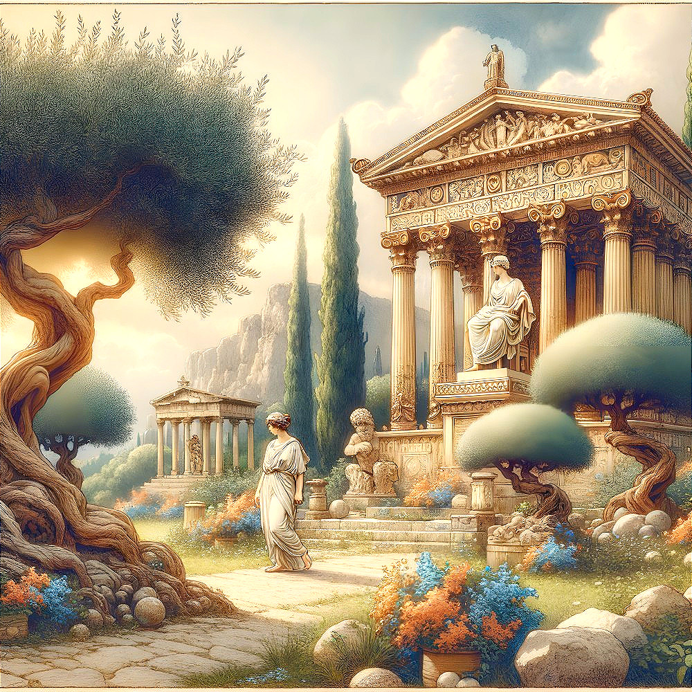 Ancient Greek Landscape with Temples and Olive Trees