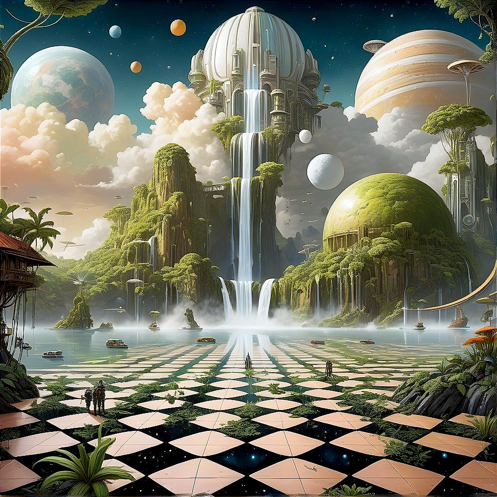 Surreal Landscape with Waterfalls and Starry Sky