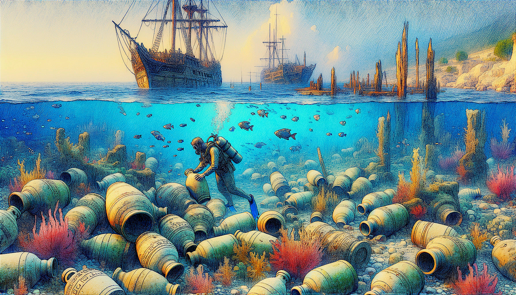 Underwater Exploration of Ancient Amphorae and Marine Life