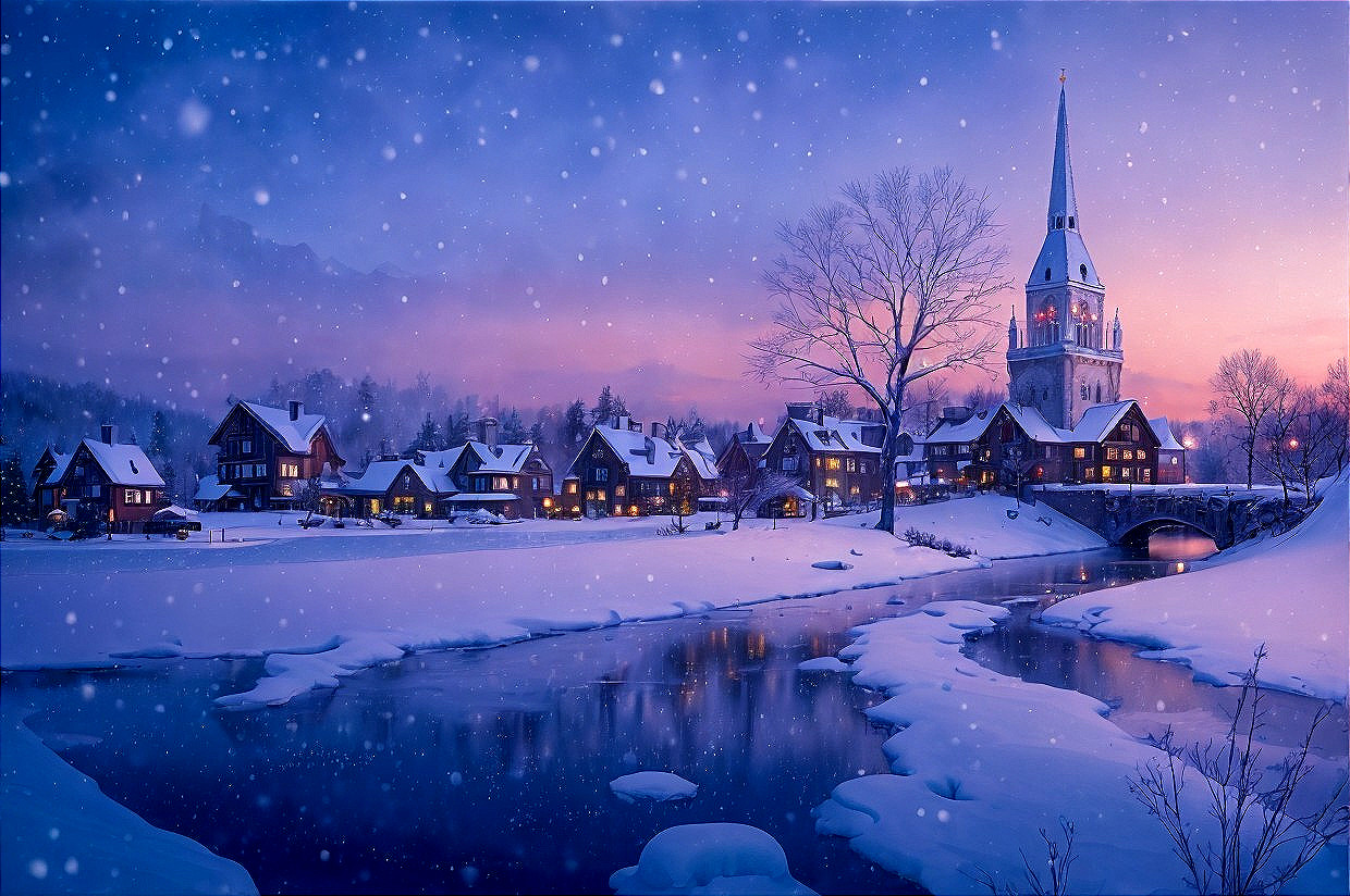 Snow-covered houses by frozen river, church spire, falling snowflakes