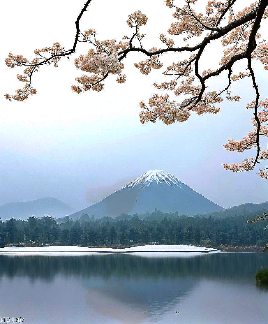 Tranquil Lake with Cherry Blossoms and Snow-Capped Mountain