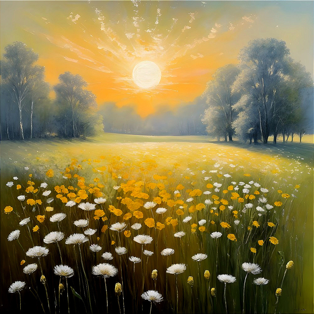Serene Sunrise Landscape with Vibrant Flower Field