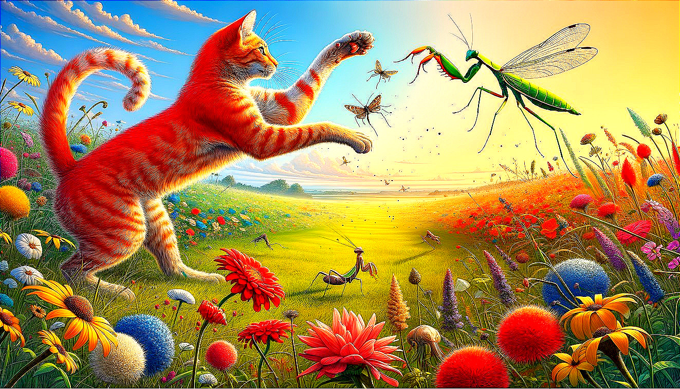 Vibrant Meadow Scene with Cat and Praying Mantis