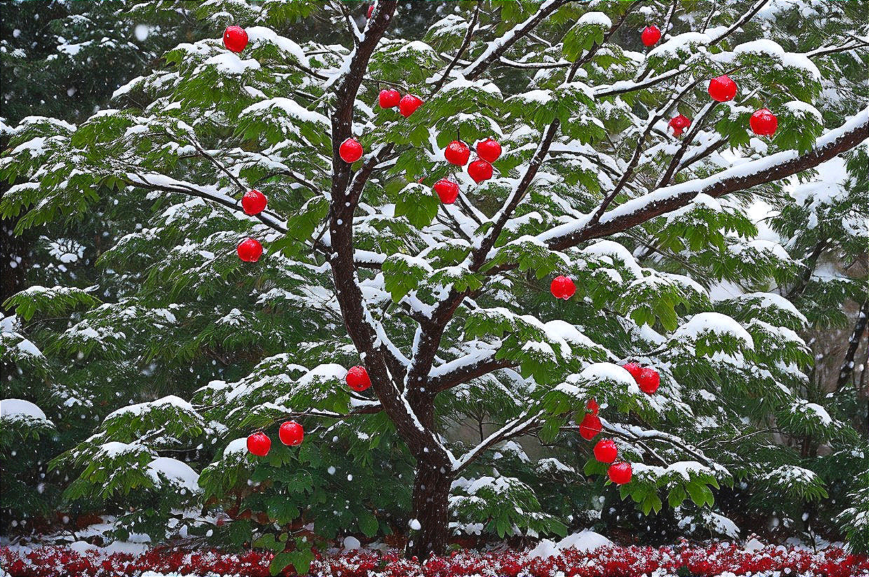 Snow-covered tree with red berries in falling snowflakes.