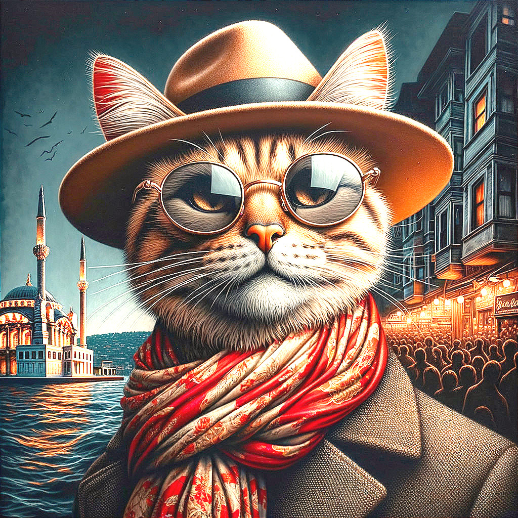 Sophisticated Cat in Stylish Attire by Waterfront Scene