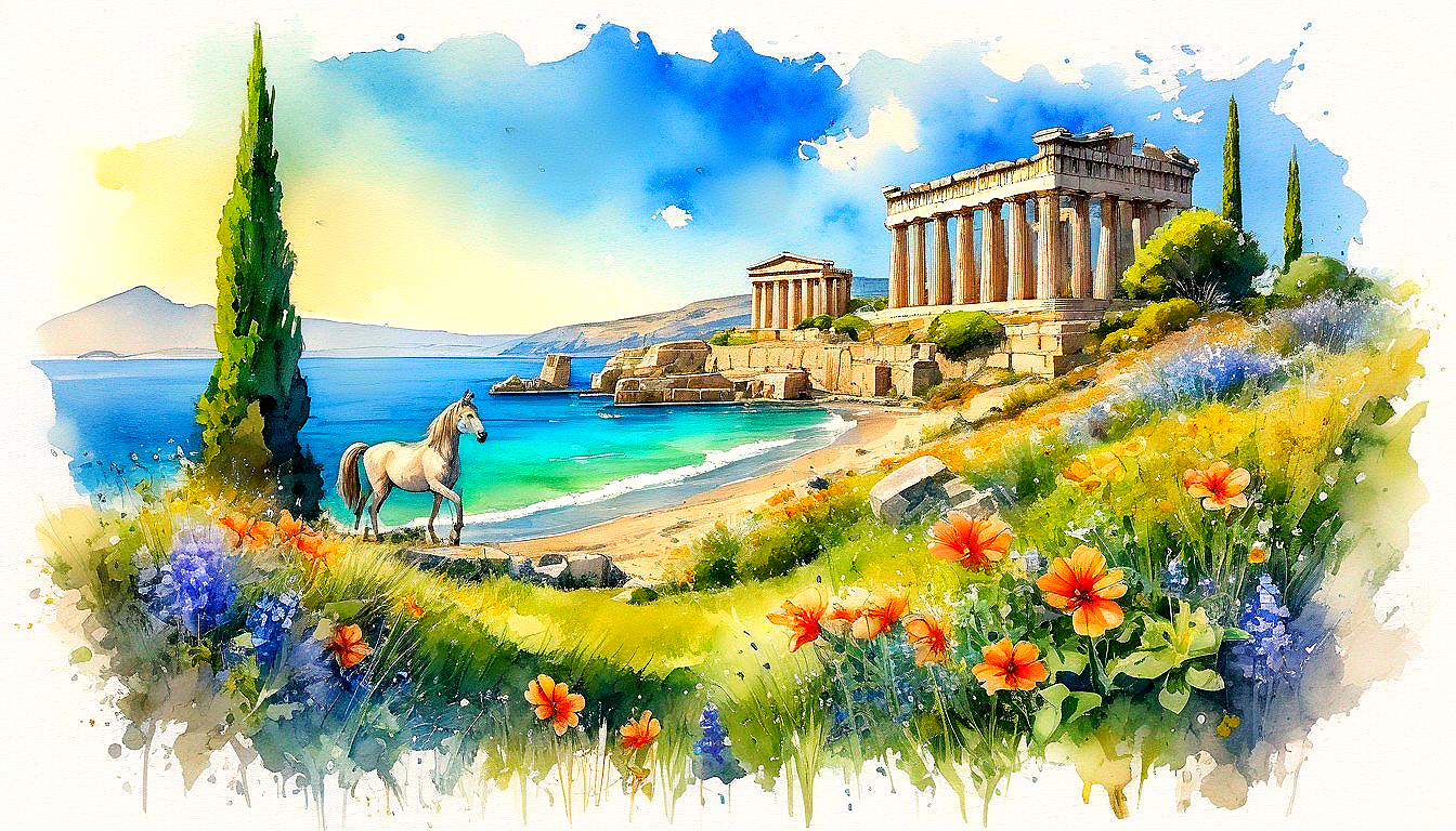 Serene Landscape with White Horse and Greek Ruins