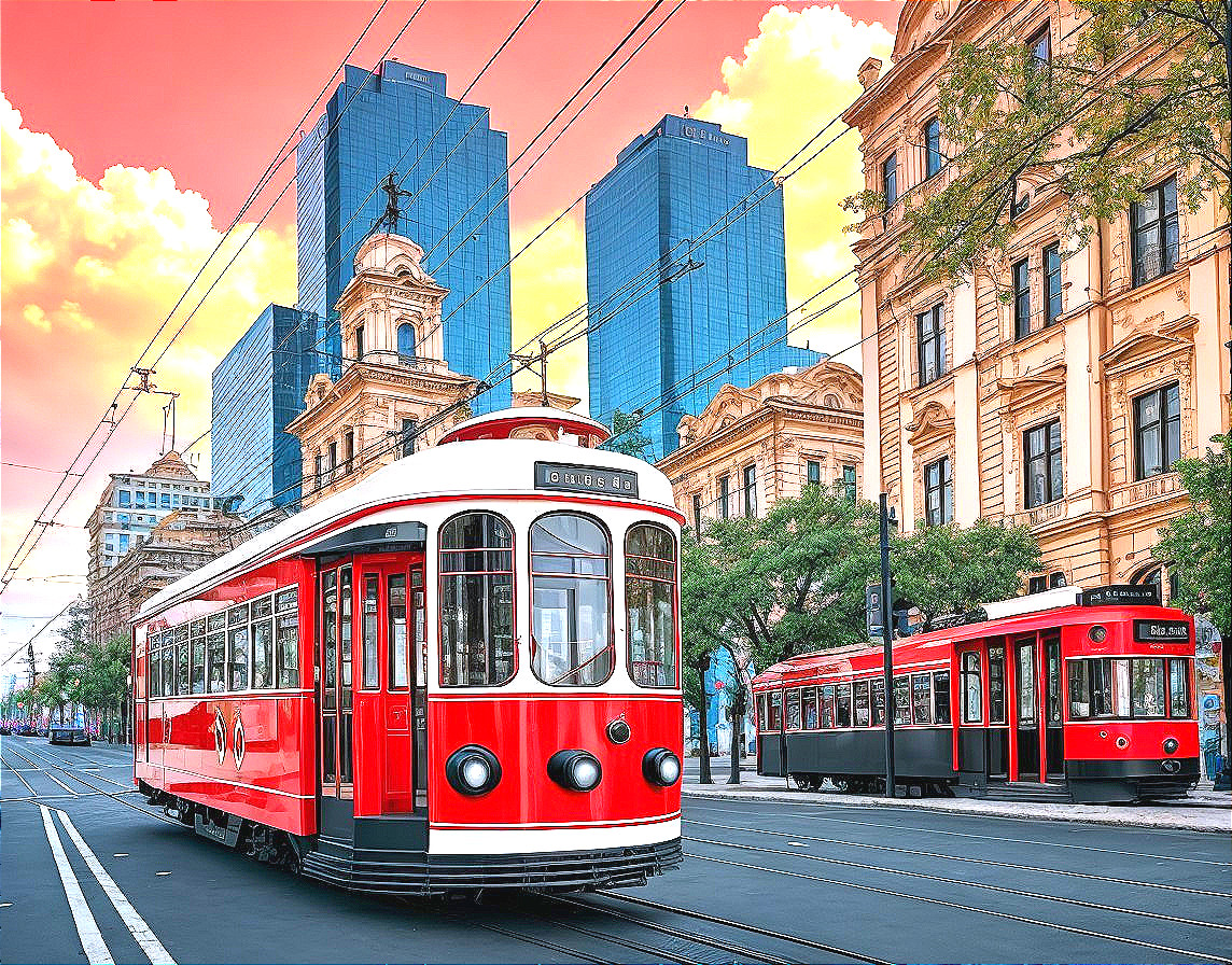 Vibrant City Scene with Classic Red Trams and Skyscrapers