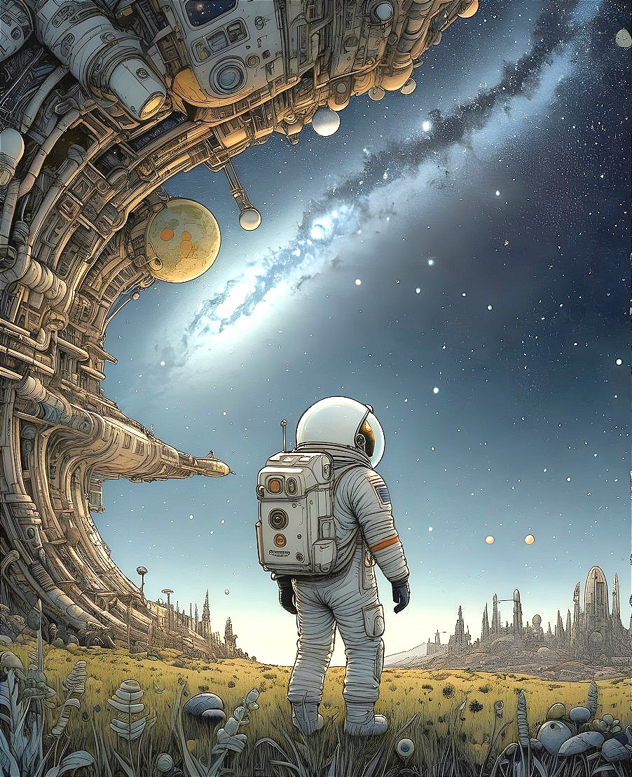 Astronaut in Surreal Landscape with Twisted Structure