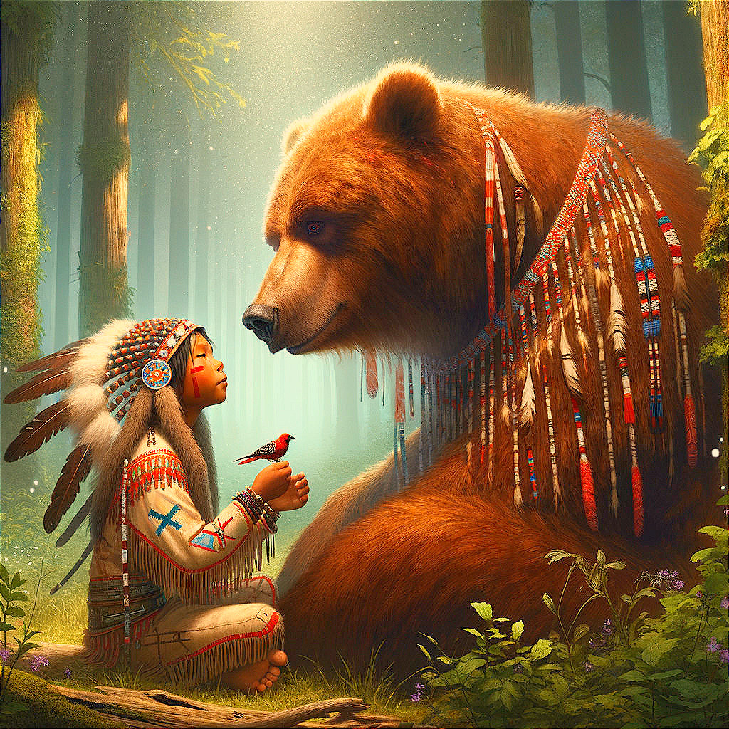 Indigenous Child and Bear in Serene Forest Setting
