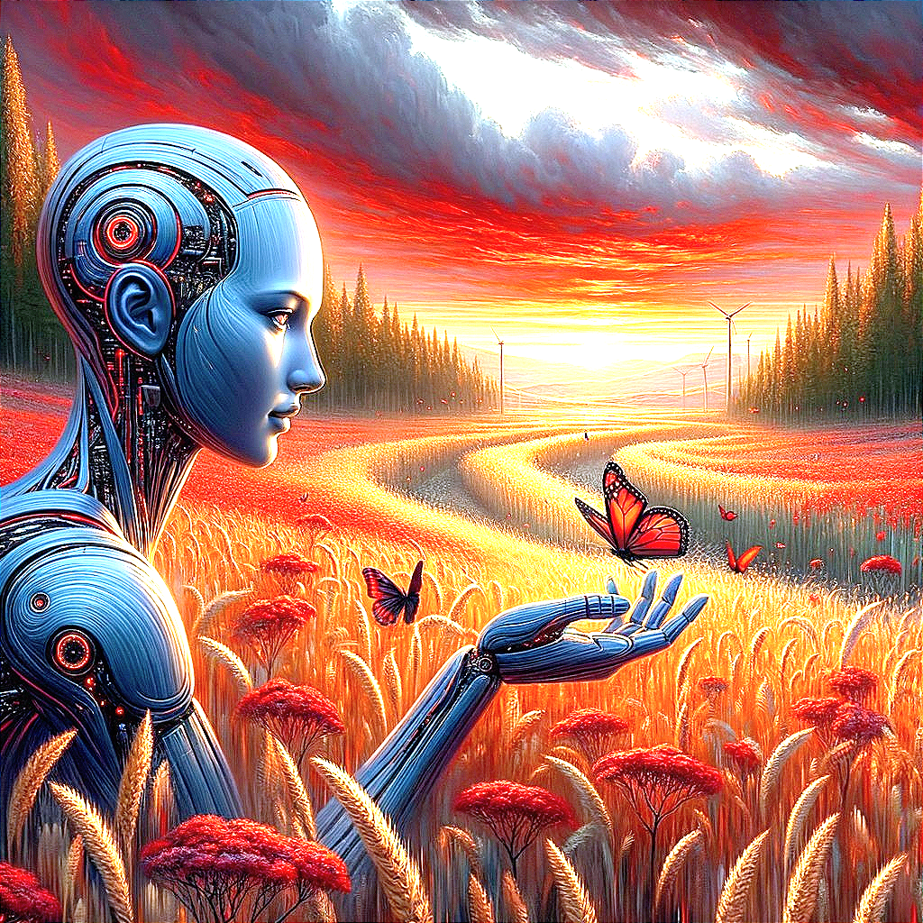 Futuristic Robot in Vibrant Wheat Field Landscape
