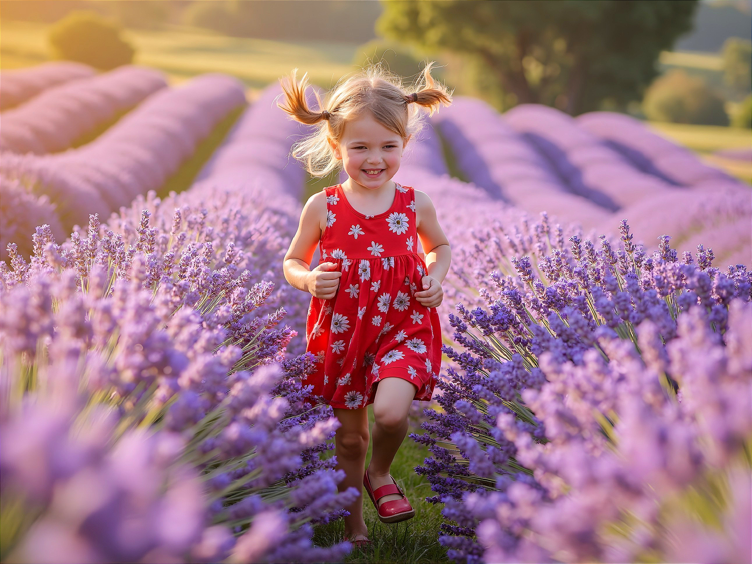 Child in Red Dress Running Through Lavender Field