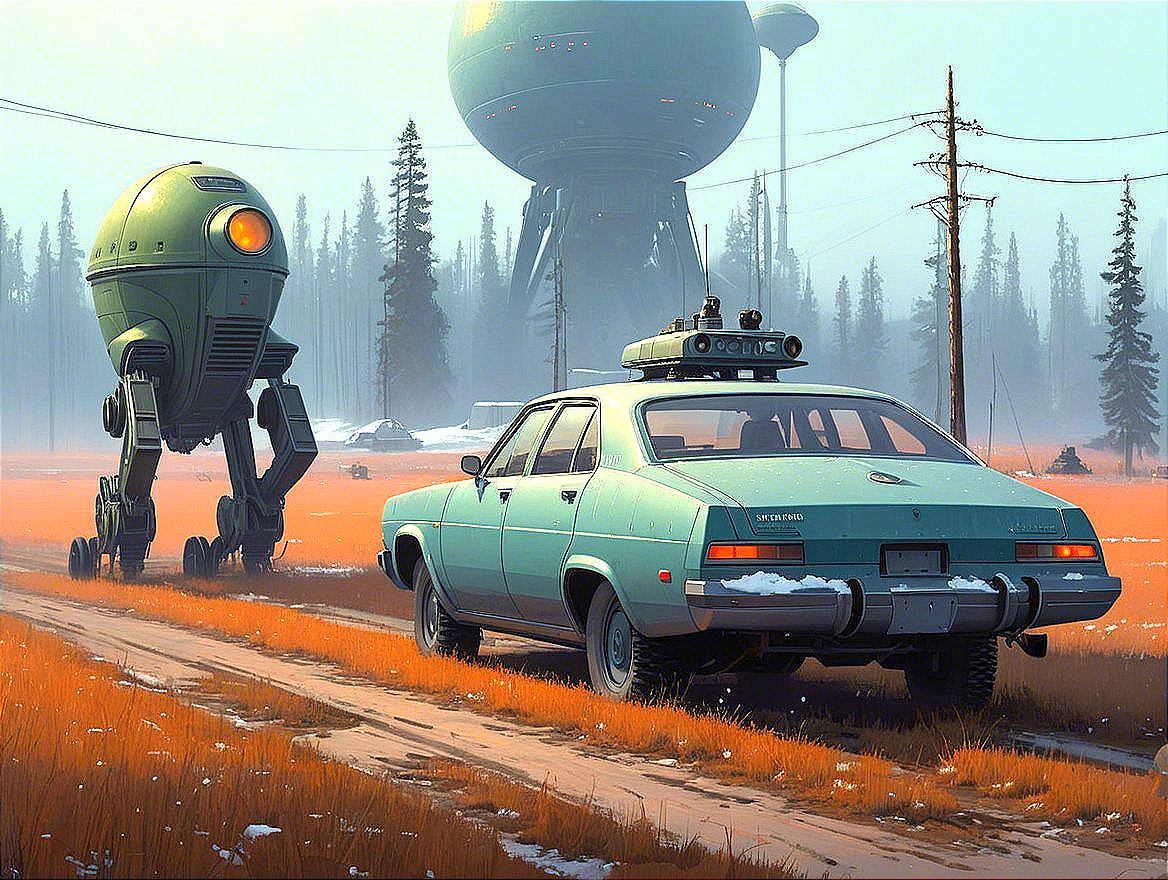 Vintage Teal Car in Autumn Landscape with Futuristic Structures