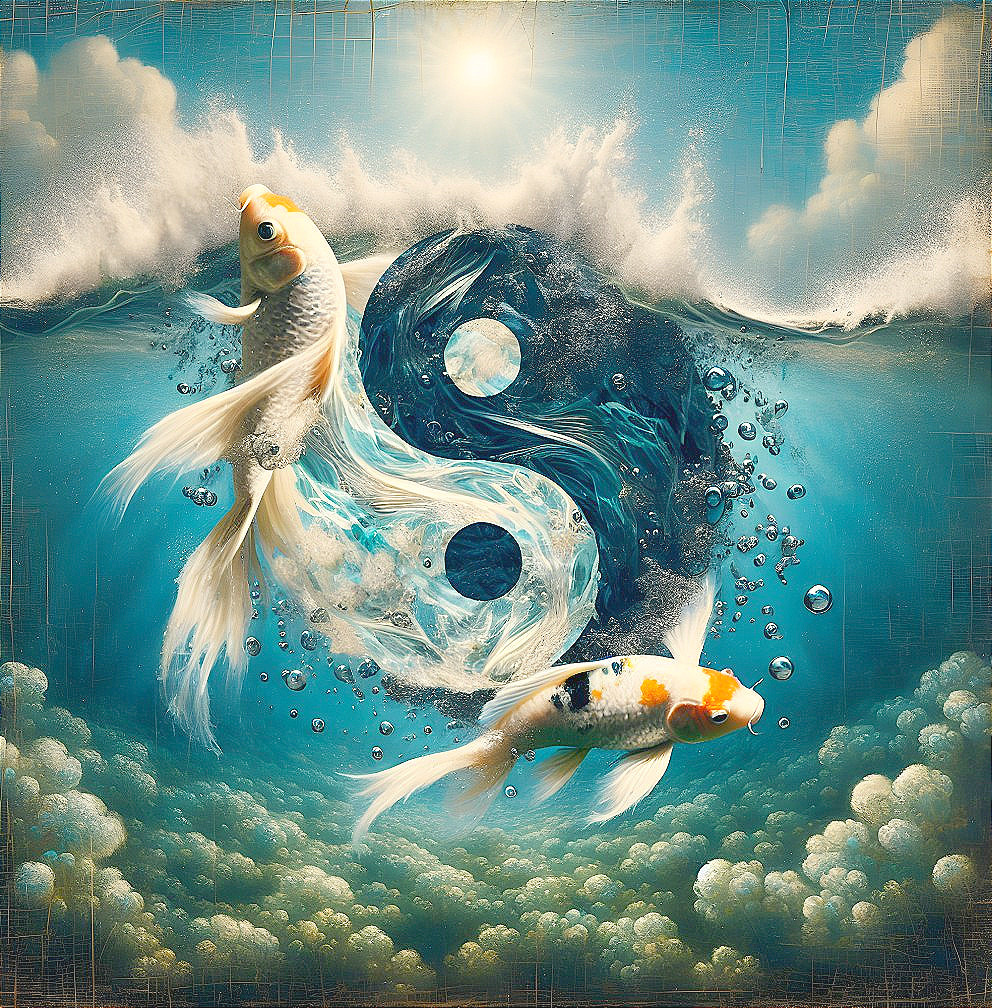 Koi Fish Swimming in Waves with Yin-Yang Symbol