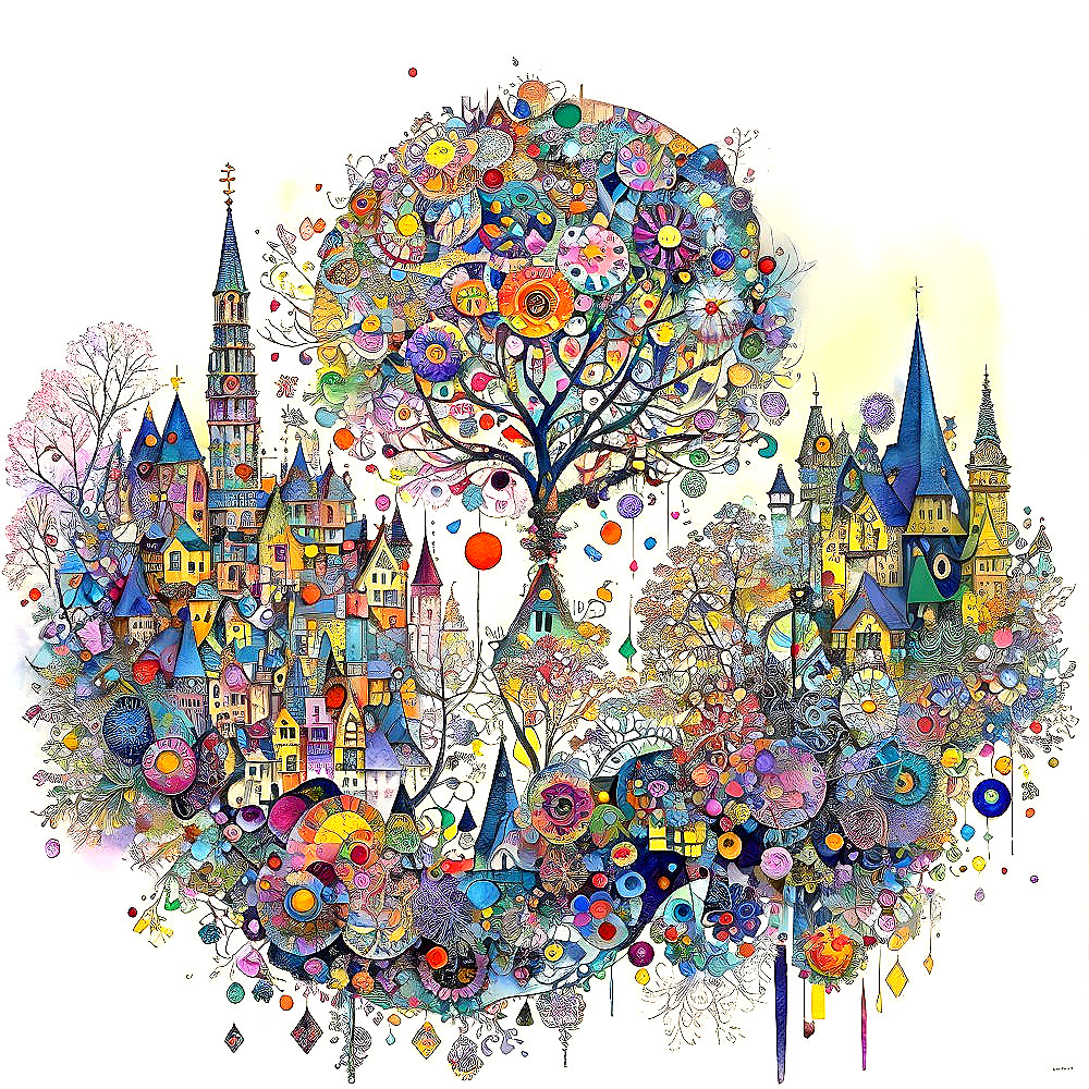 Whimsical Cityscape with Colorful Tree and Flowers