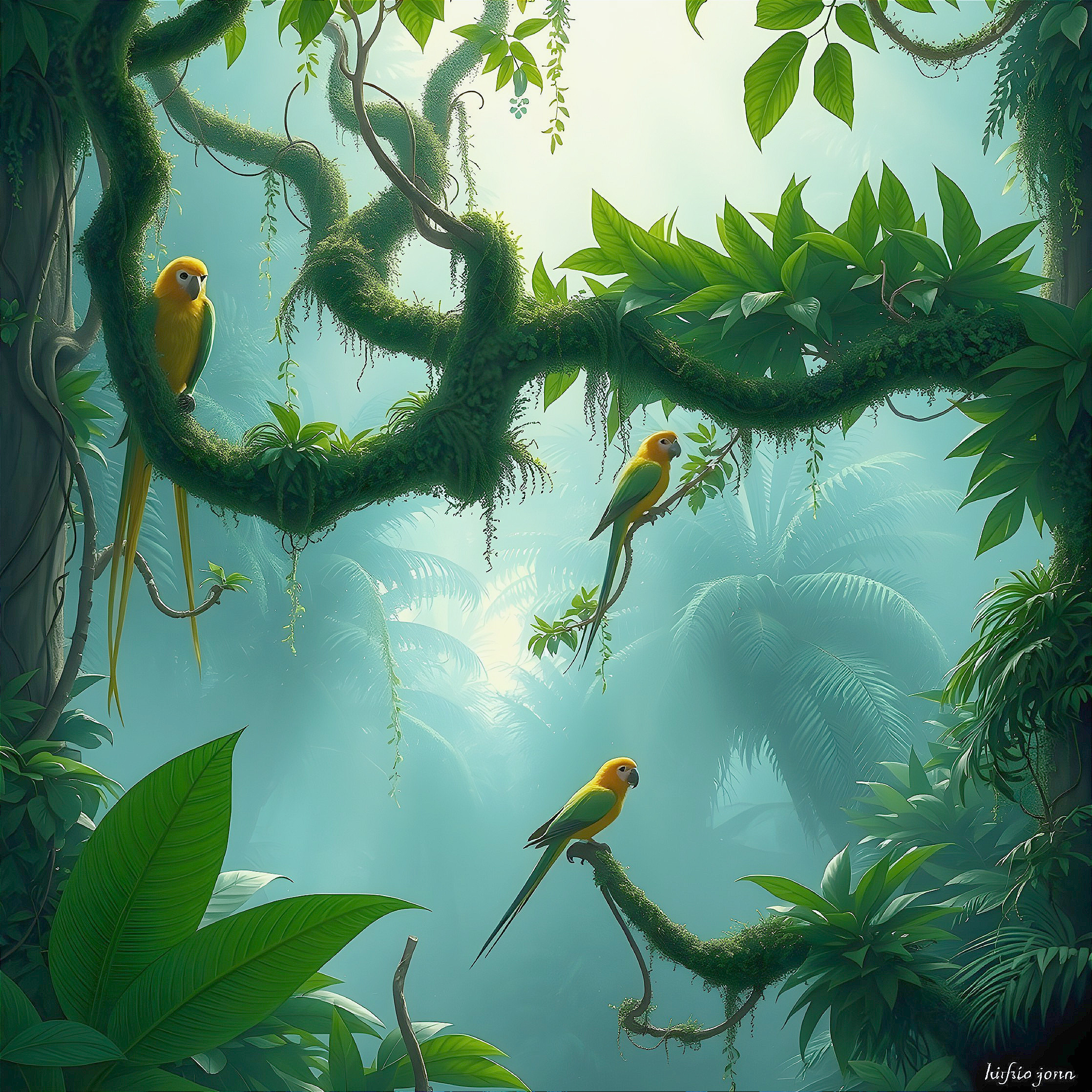 Lush Jungle Scene with Colorful Birds and Foliage