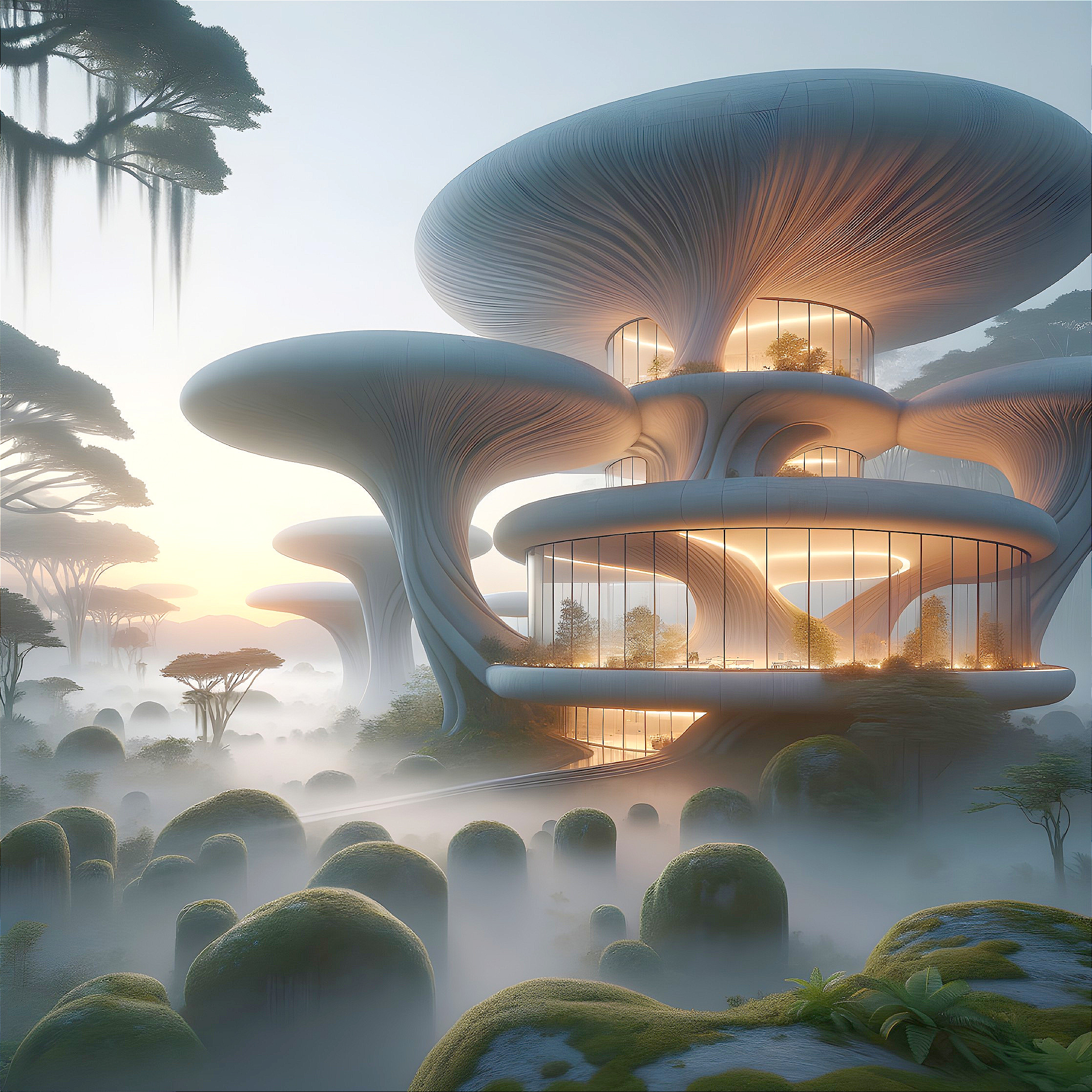 Futuristic Landscape with Mushroom-Shaped Structures