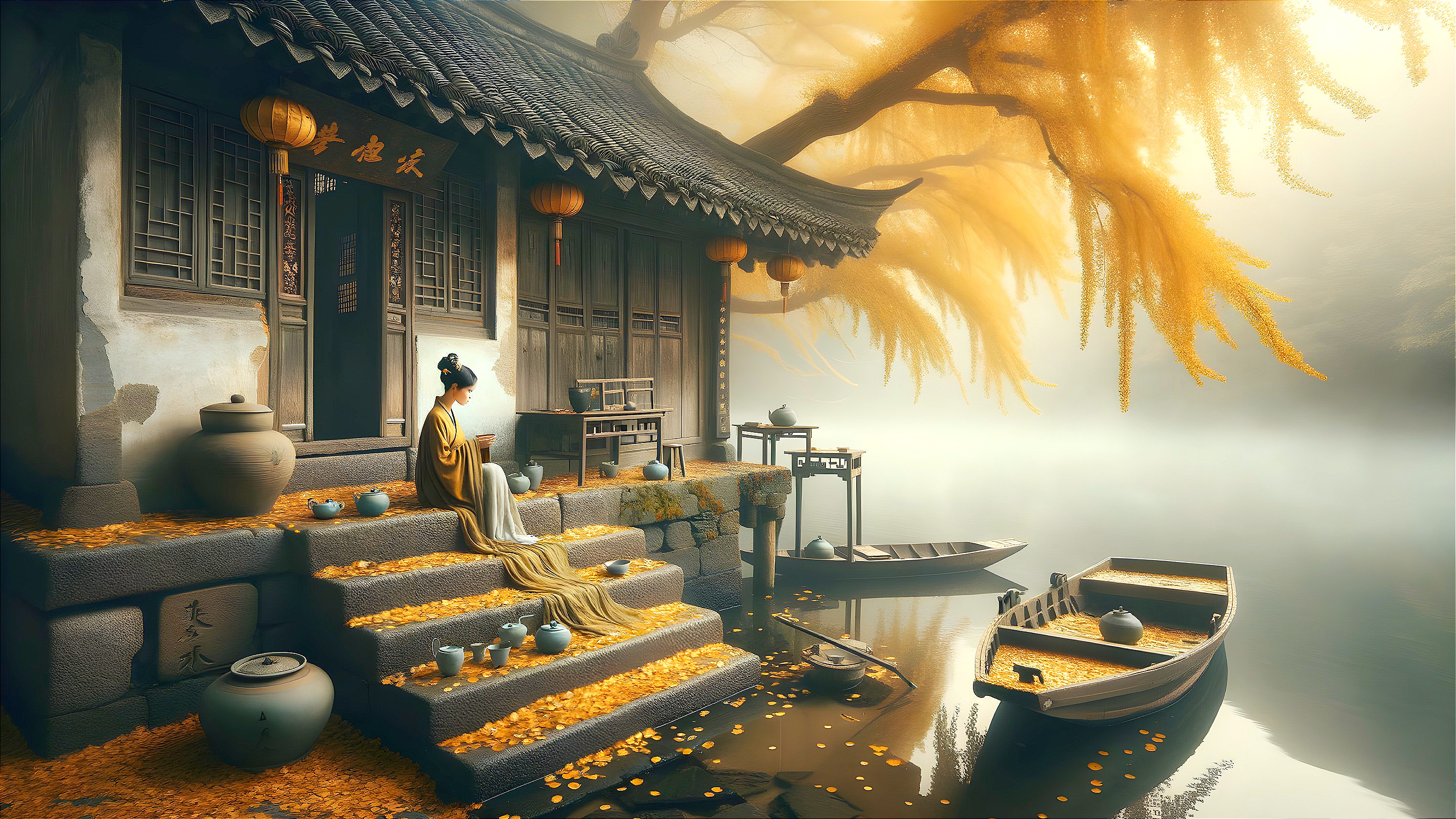 Traditional Asian House by Tranquil River Scene