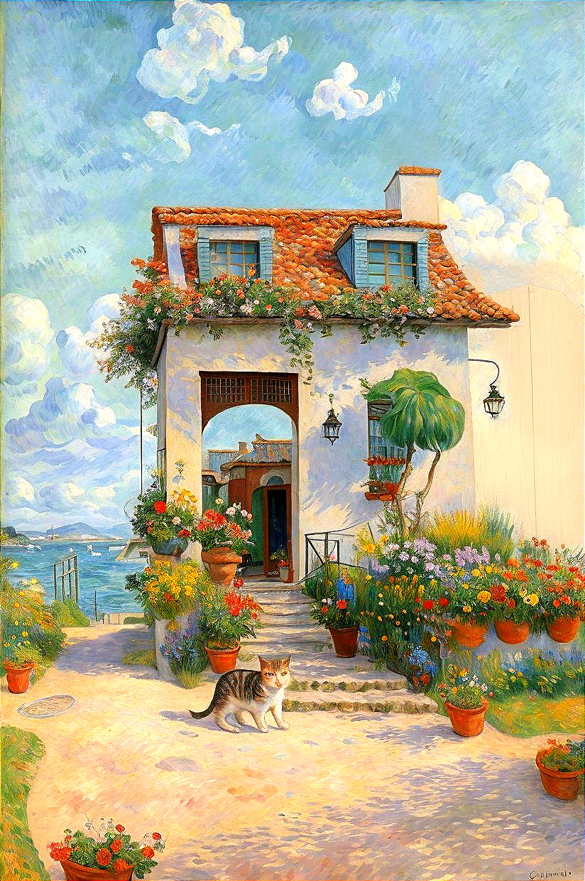 Seaside Serenity: Cat and Cottage Painting