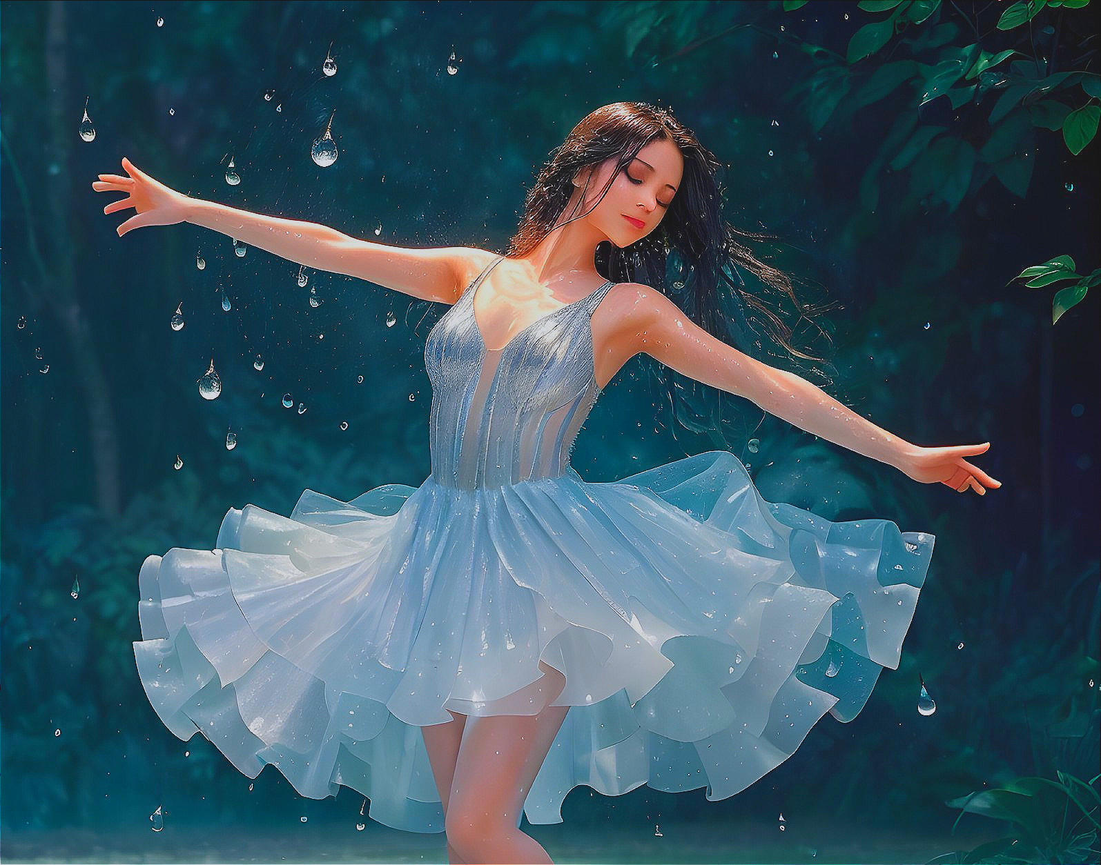 Woman in Blue Dress Dancing Joyfully in Falling Water Droplets
