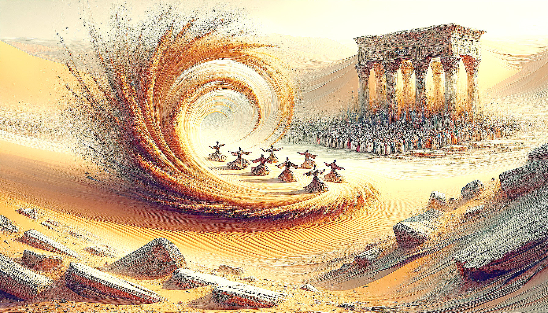 Surreal Desert Landscape with Dancing Figures and Columns