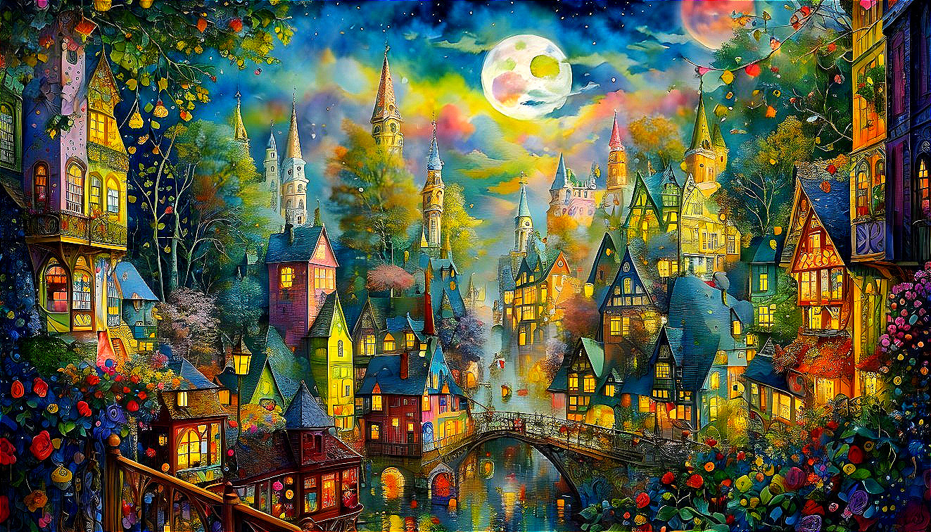 Colorful, whimsical village with glowing windows, river, bridge, lush foliage, moonlit sky