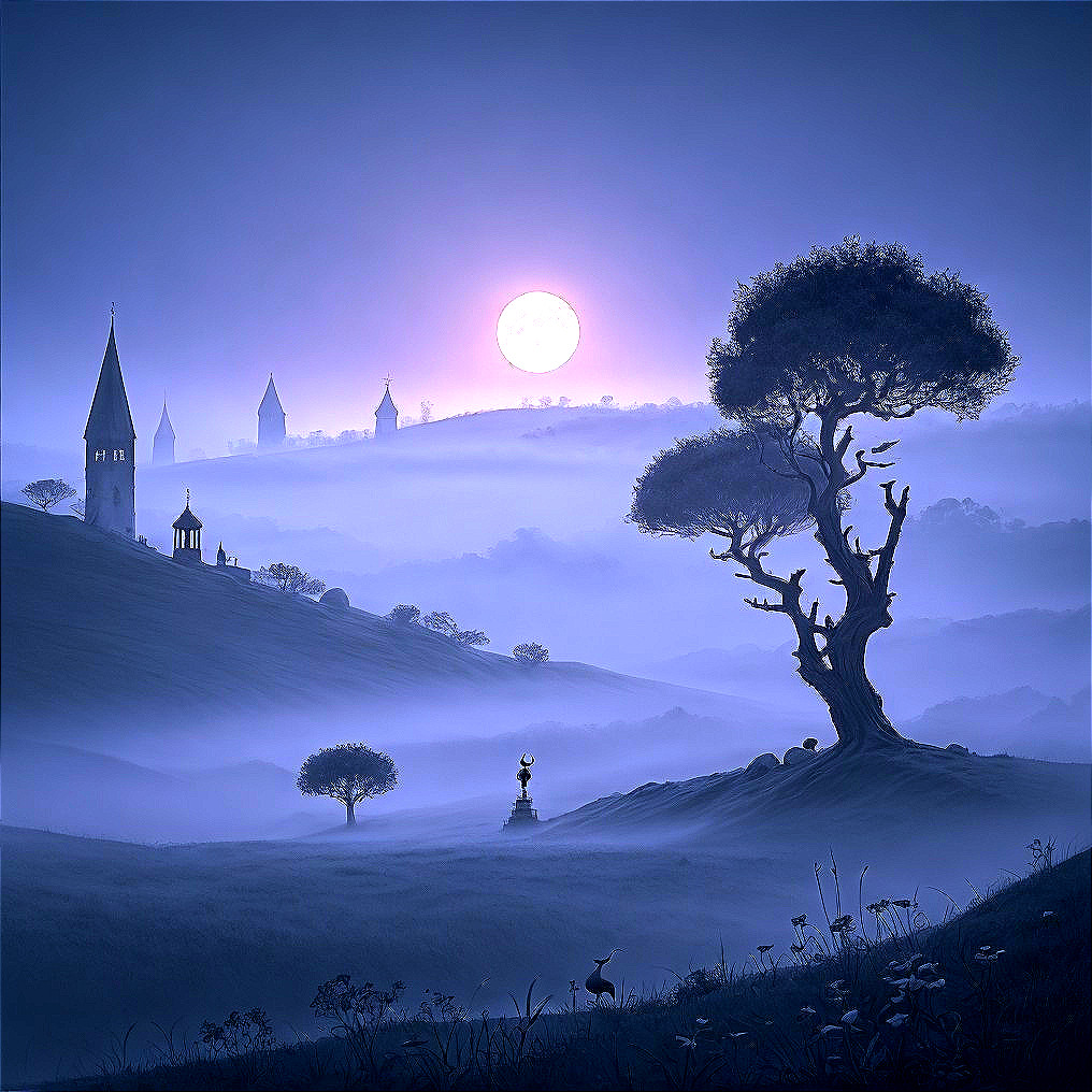 Twilight Landscape with Trees and Moonlight Glow