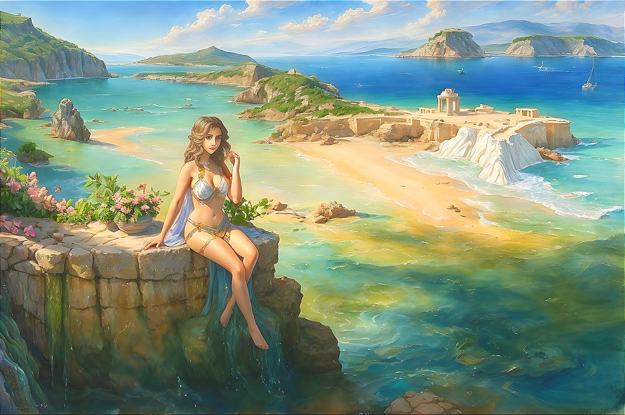 Serene Coastal Scene with Woman by Water's Edge