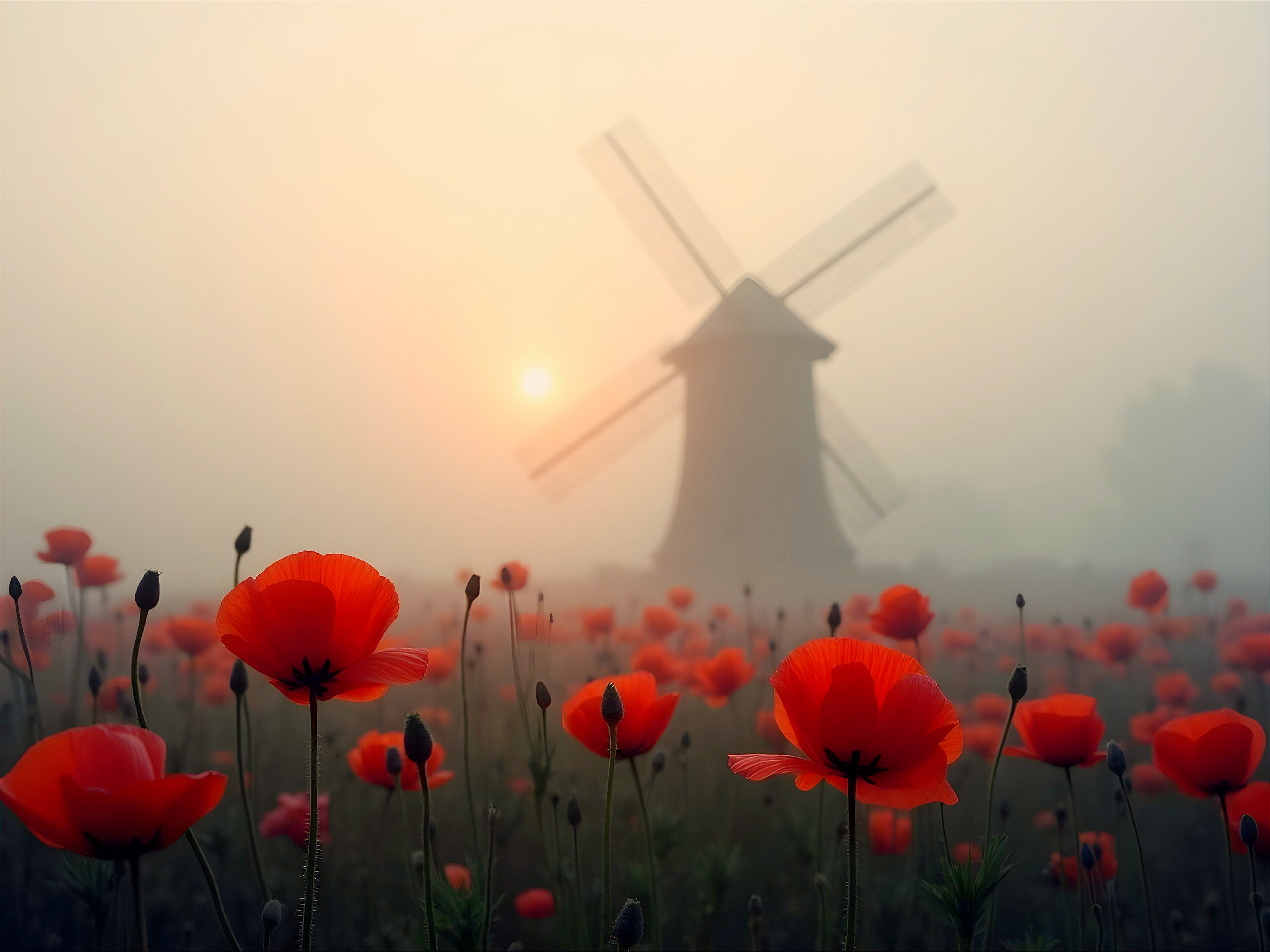 Serene Landscape with Windmill and Poppies at Sunrise