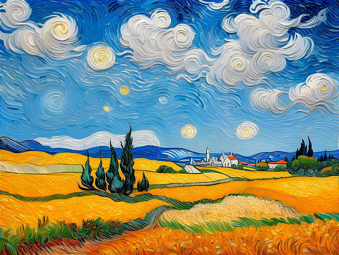 Vibrant Landscape with Hills, Wheat Fields, and Village