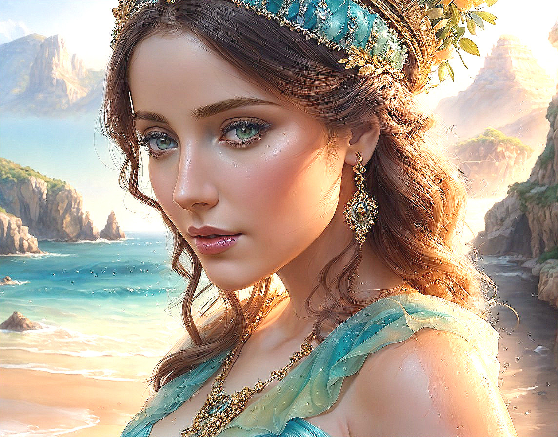 Portrait of a Young Woman in Turquoise Gown by the Beach