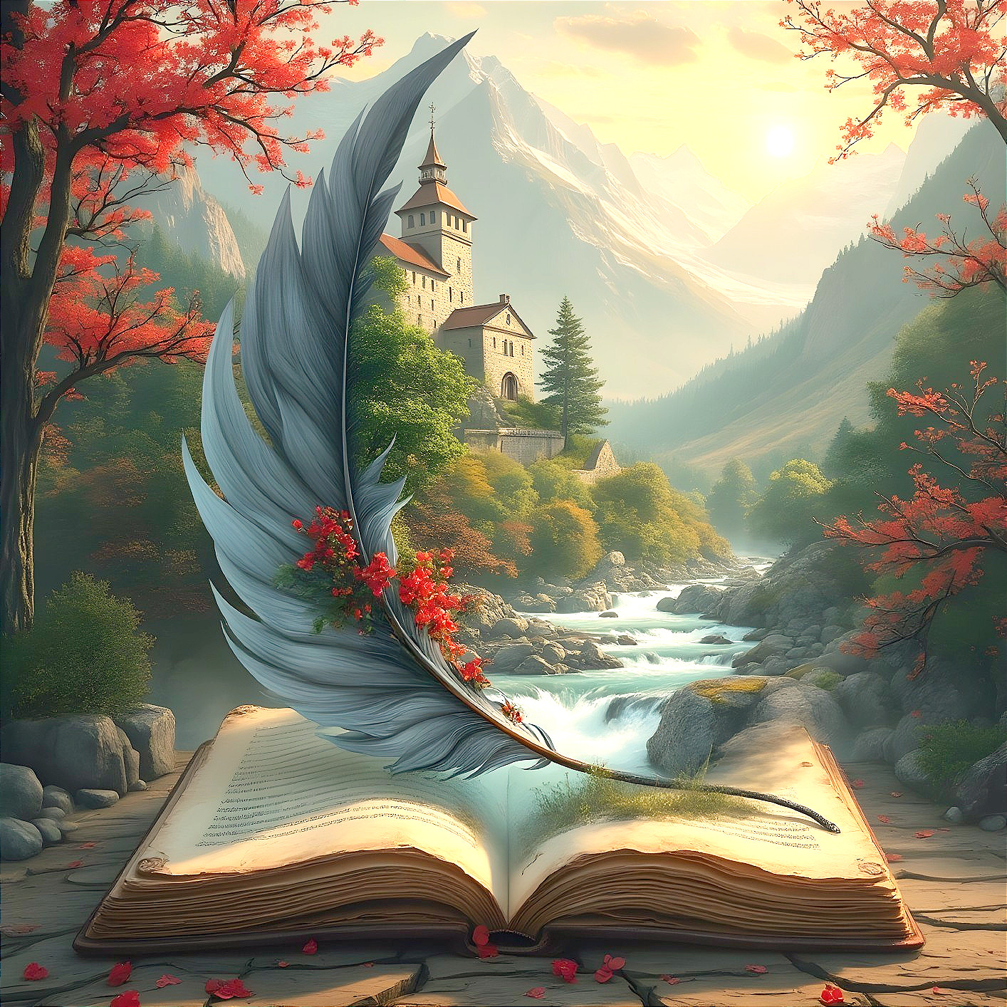 Open Book in Serene Landscape with Quill and Castle