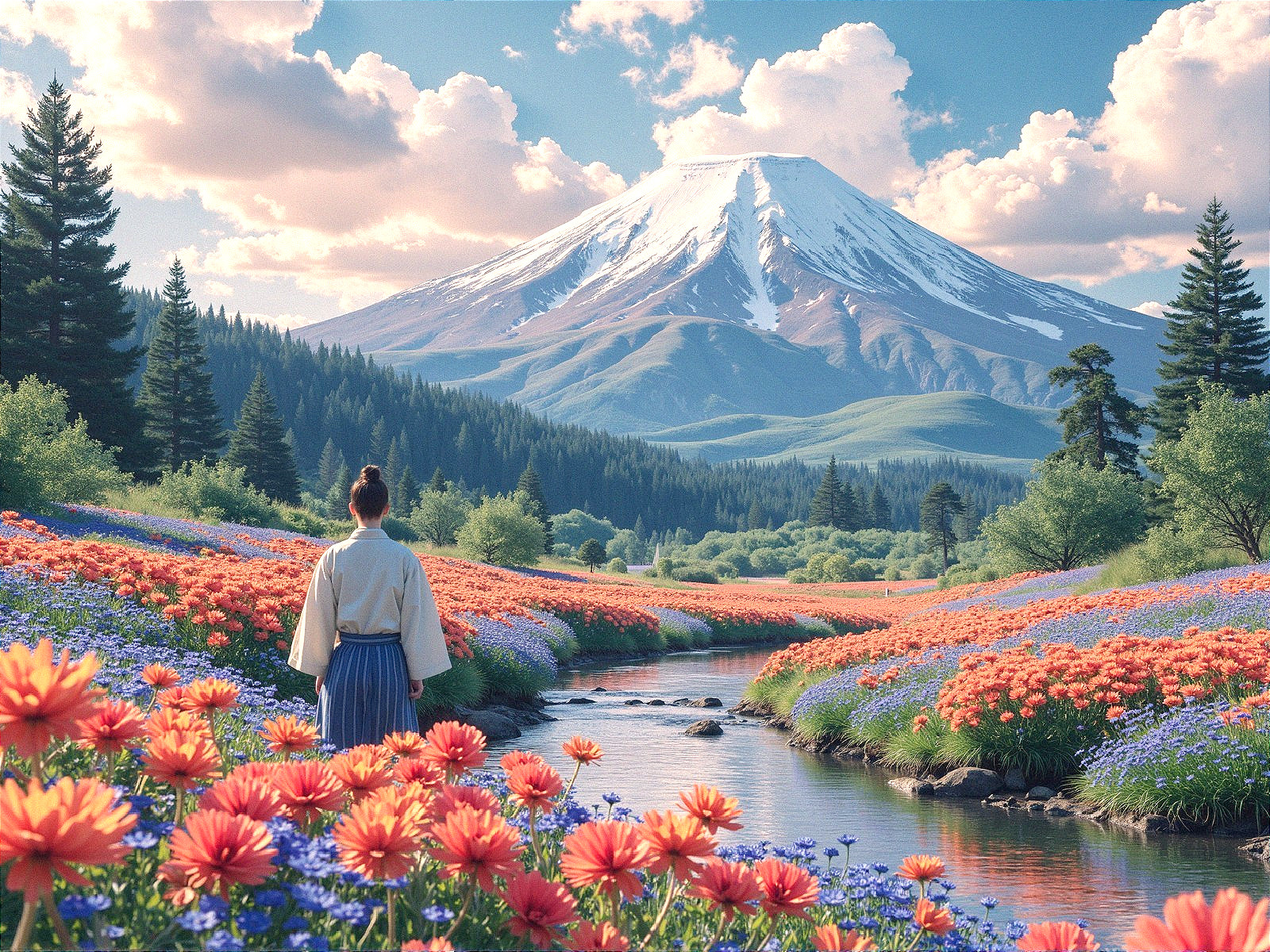 Vibrant Flower Landscape with Mountain and Stream