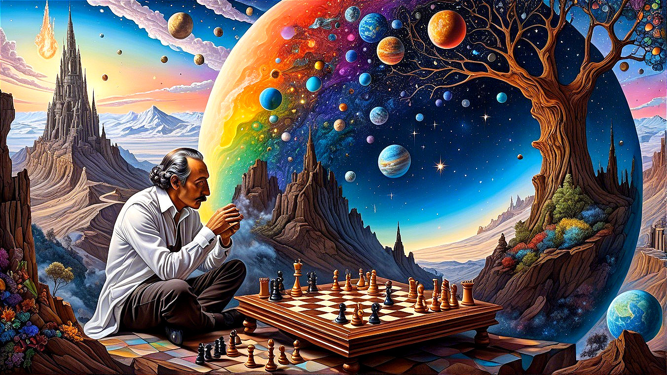 Contemplative Figure by Chessboard in Cosmic Landscape