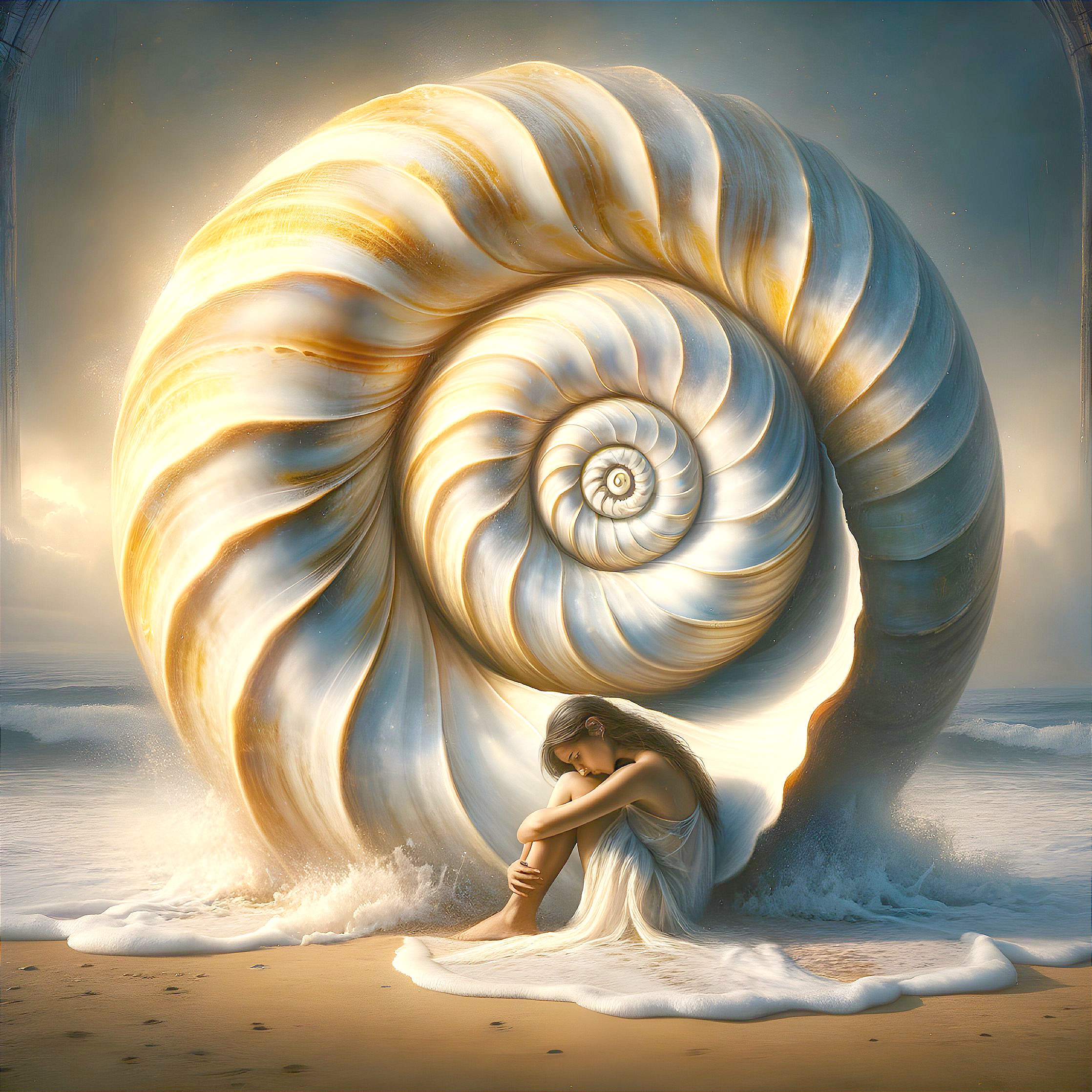 Giant Seashell on Shore with Girl in White Dress
