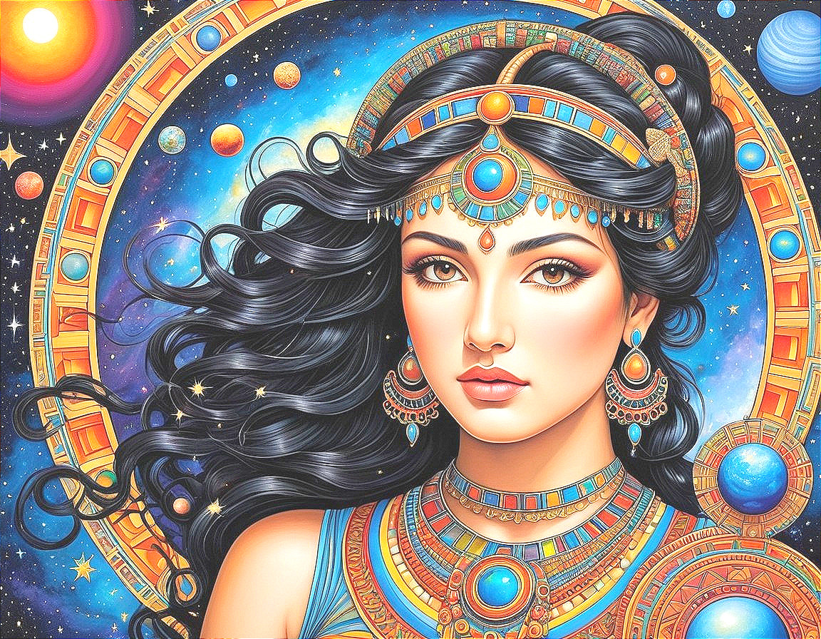 Striking Woman with Cosmic Backdrop and Vibrant Attire