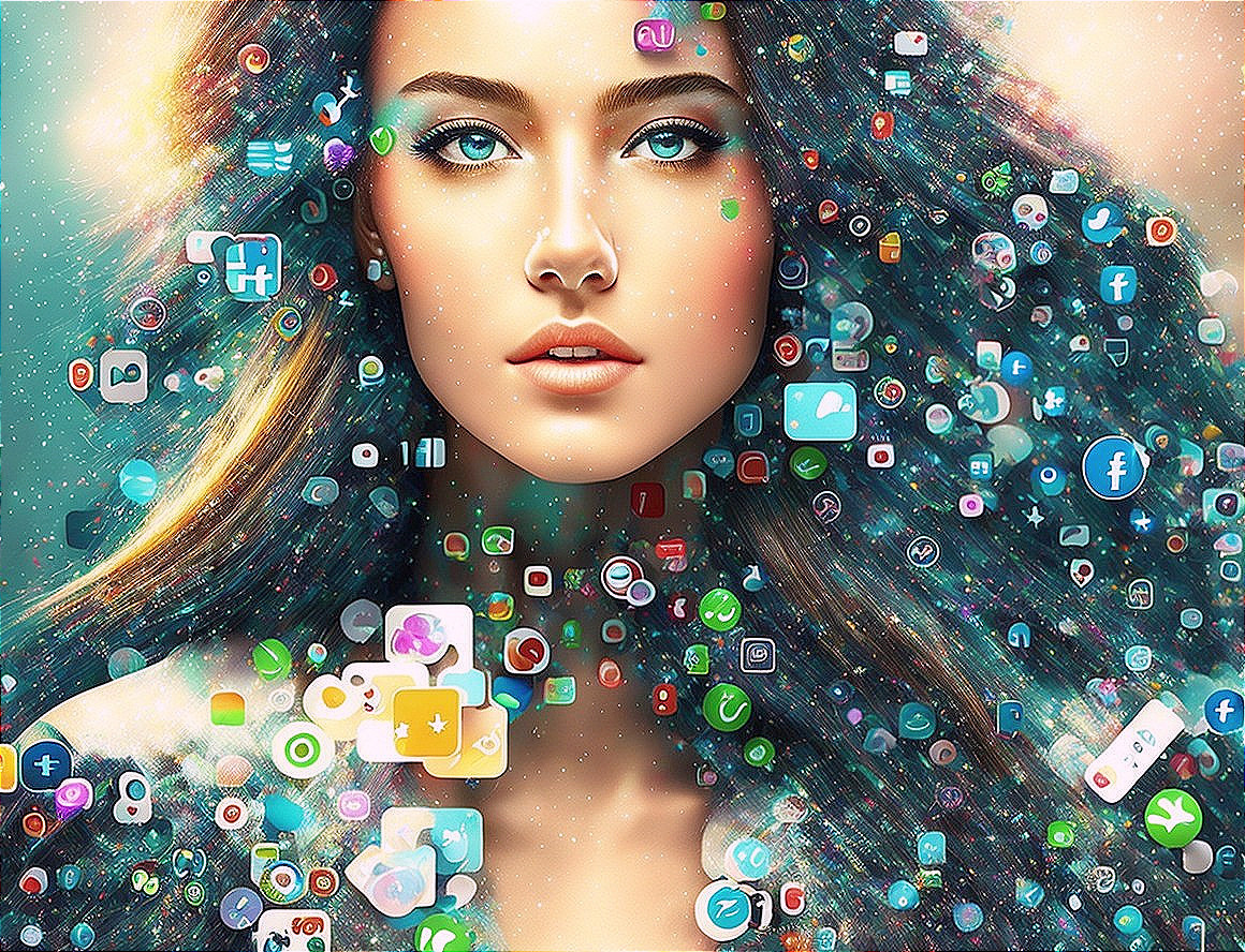 Digital artwork: Woman with flowing hair and social media icons on cosmic background