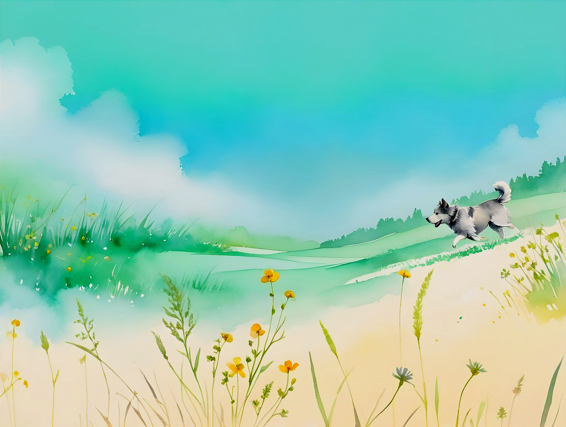 Playful Dog in Vibrant Natural Landscape Illustration