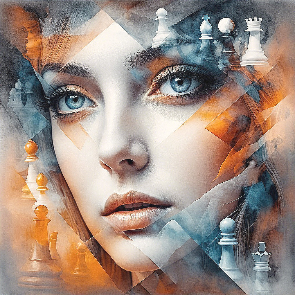 Portrait of a Woman with Chess Pieces and Abstract Forms