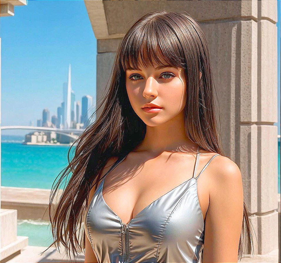 Young woman with dark hair in silver top by coastal barrier with skyscrapers.