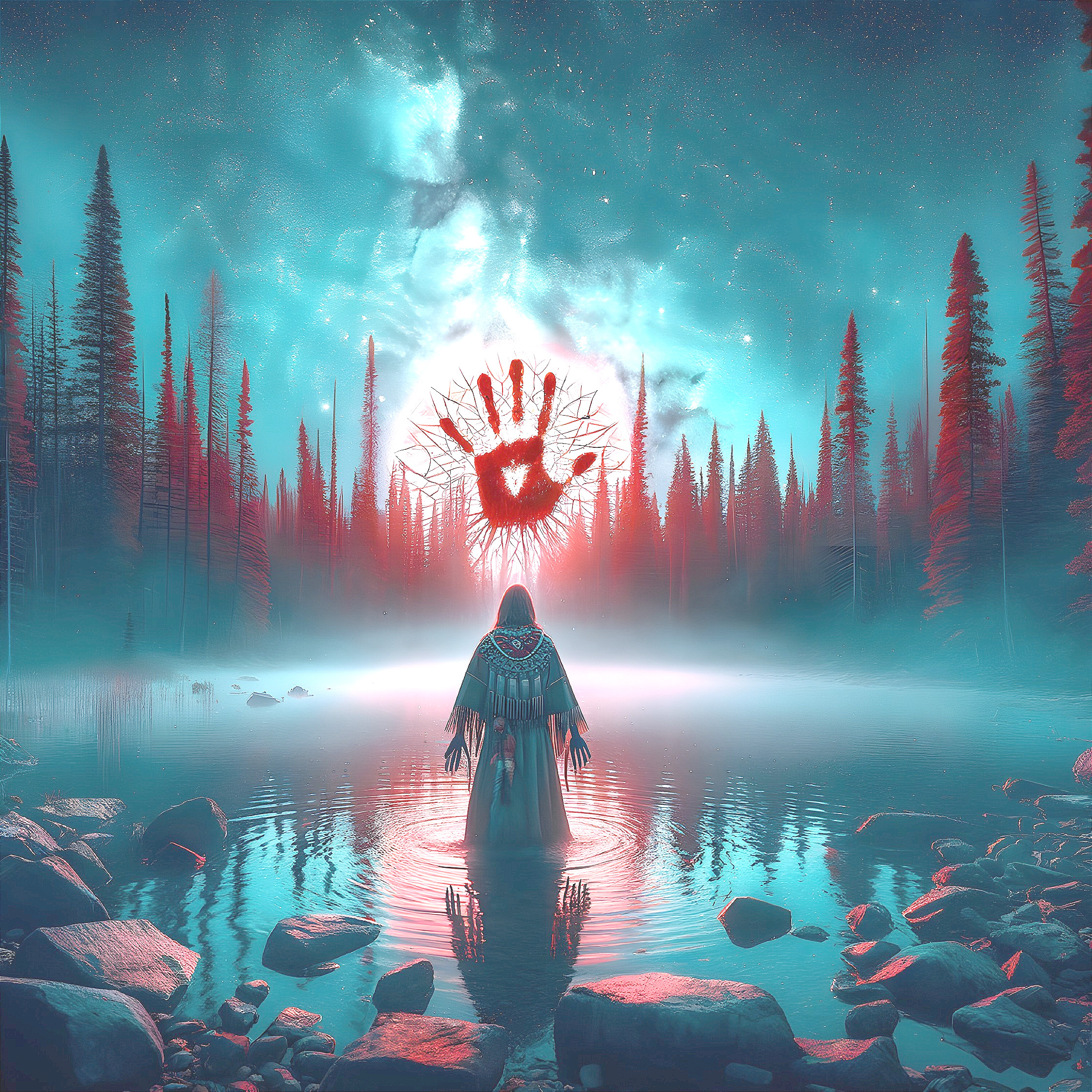 Mysterious Figure in Traditional Attire by Tranquil Lake